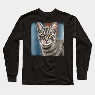 Contemporary Painting of a Gray Cat with Black Stripes and Yellow Eyes Long Sleeve T-Shirt